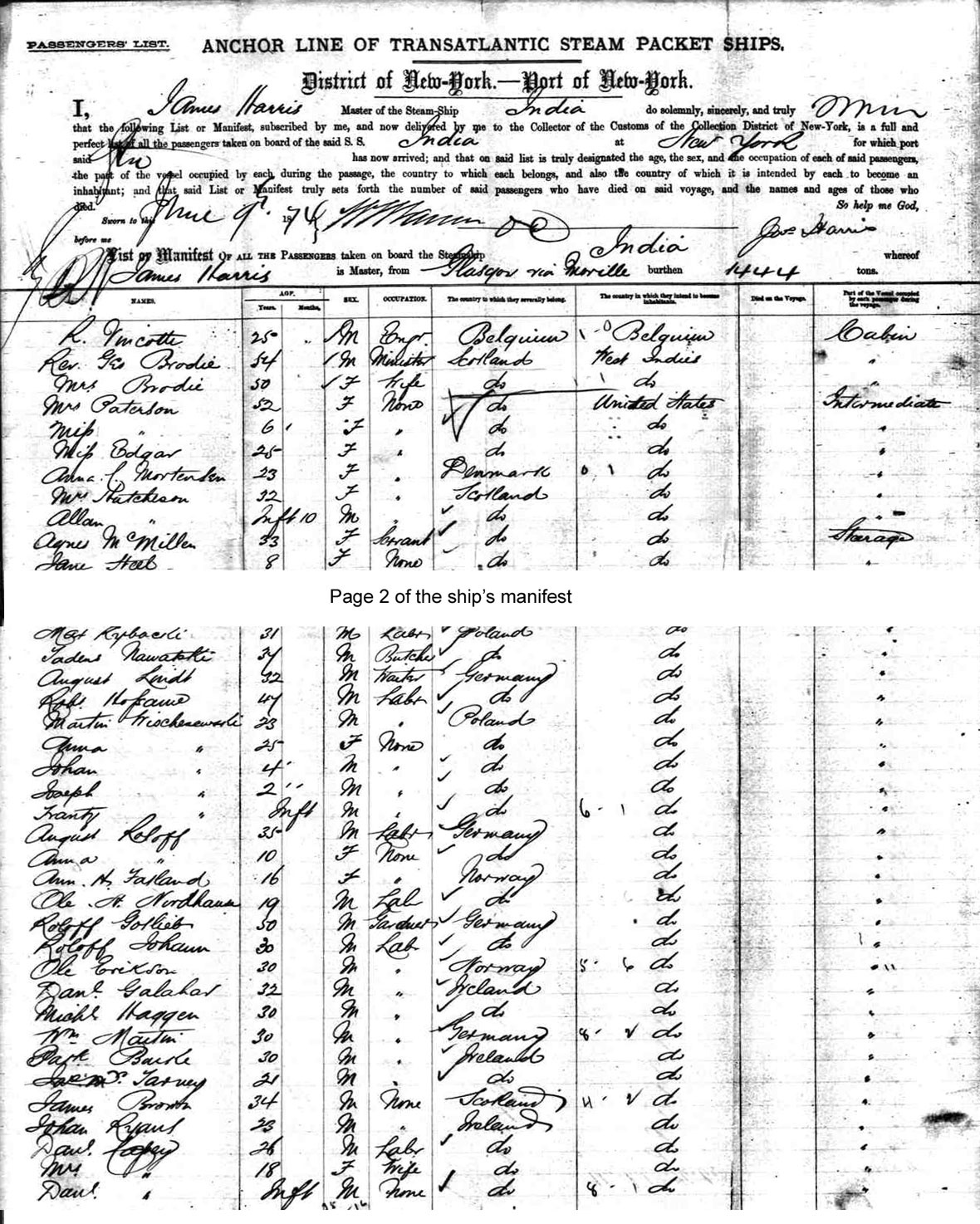 Ships manifest IndiaJune 9 1874