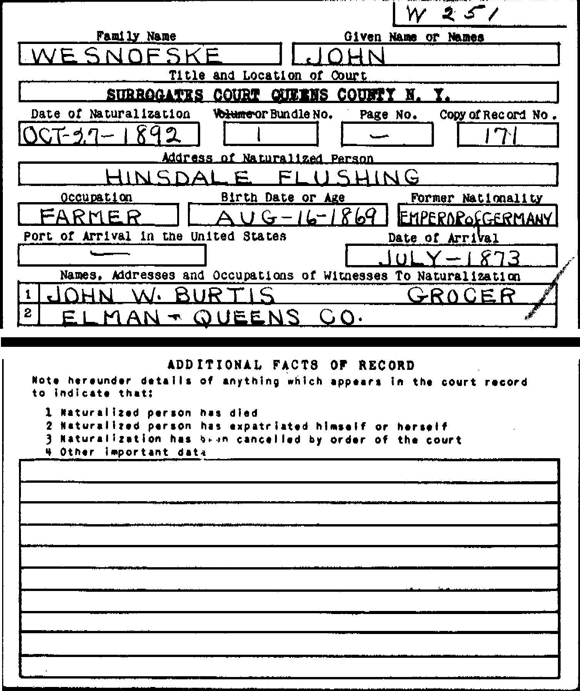 John Wesnofske Naturalization recrod card