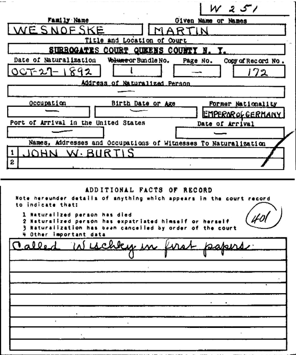 Martin I 1892 naturalization card